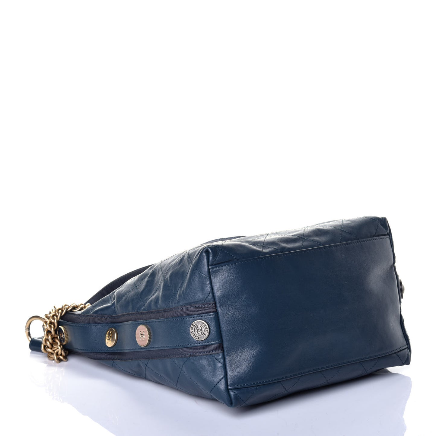Calfskin Stitched Large Button Up Hobo Dark Blue