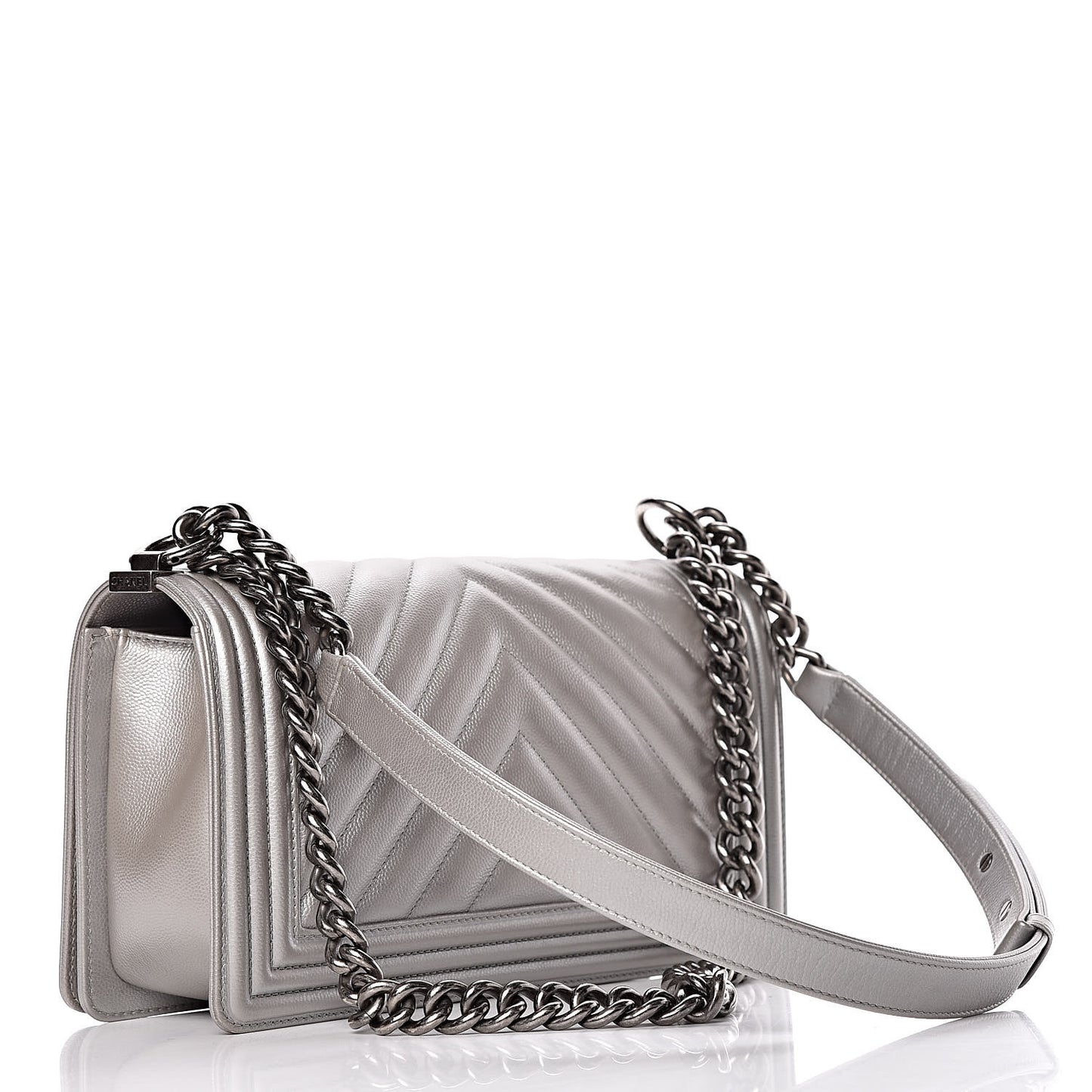 Metallic Caviar Chevron Quilted Medium Boy Flap Silver