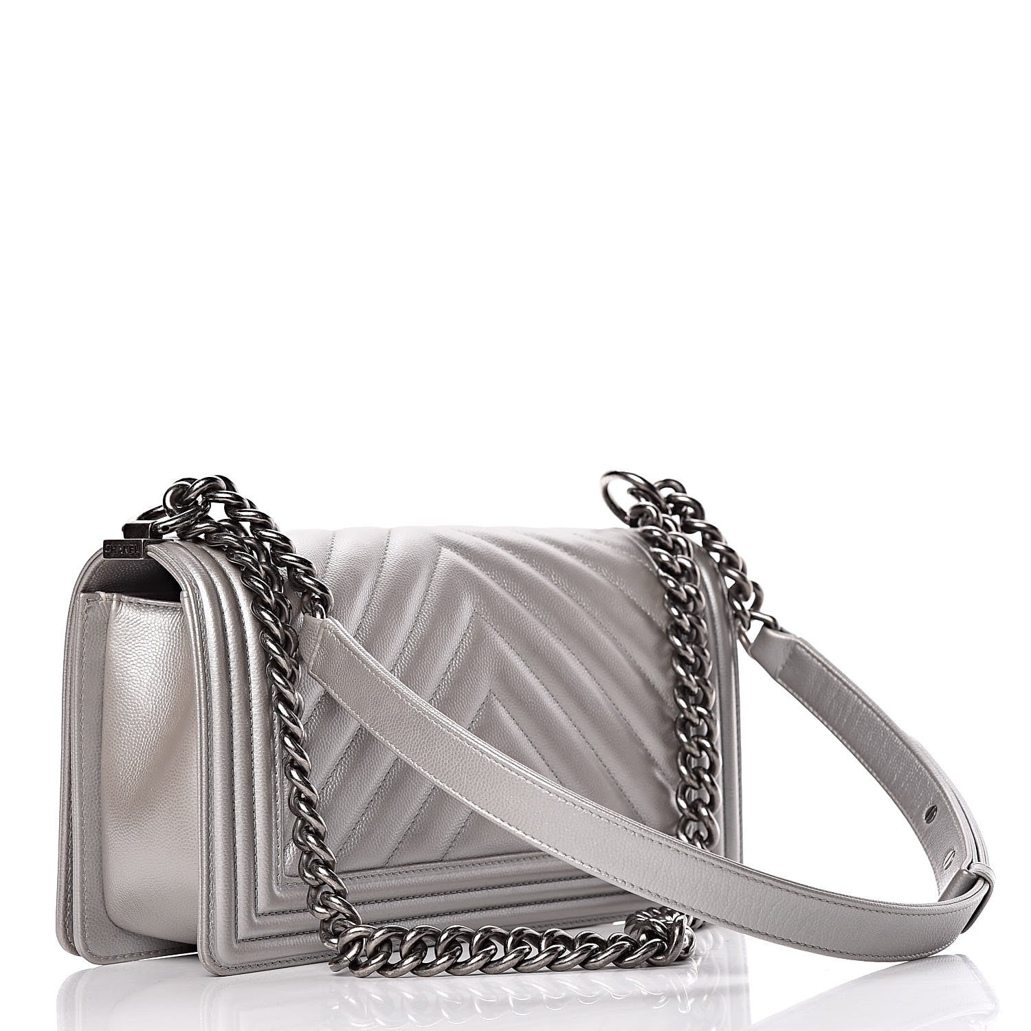 Chanel Metallic Caviar Chevron Quilted Medium Boy Flap Silver 3 of 11