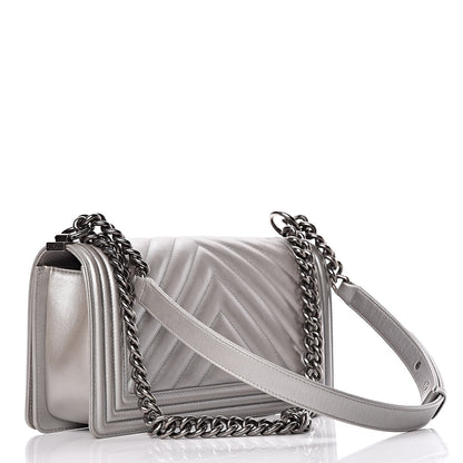 Chanel Metallic Caviar Chevron Quilted Medium Boy Flap Silver 3 of 11
