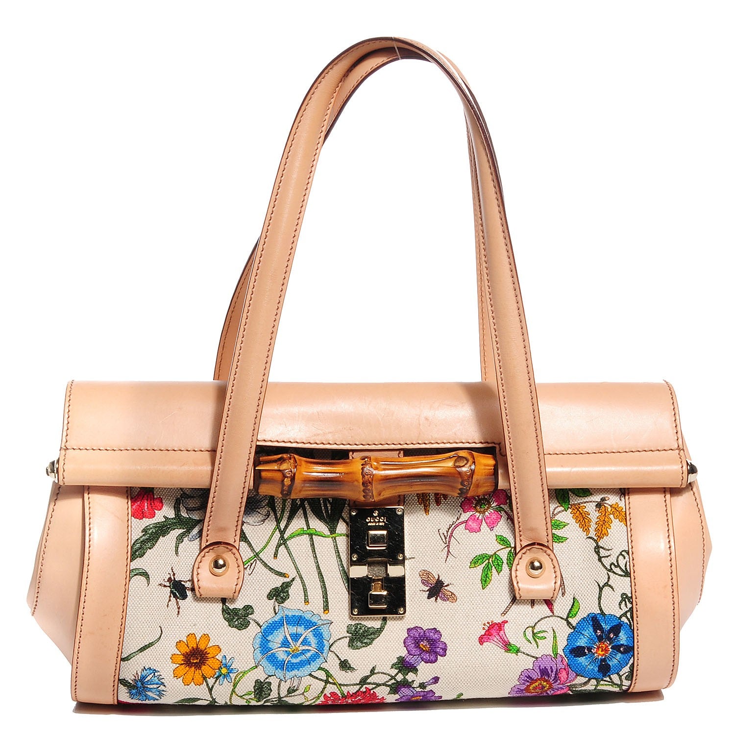 Gucci Canvas Flora Floral Bamboo Bullet Satchel 1 of 7