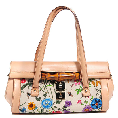 Gucci Canvas Flora Floral Bamboo Bullet Satchel 1 of 7