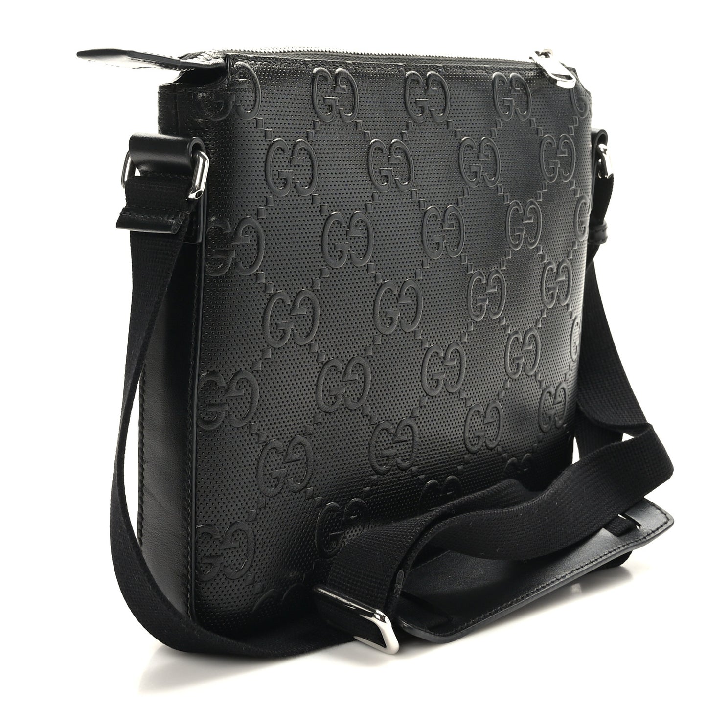 Calfskin GG Tennis Embossed Small Flat Messenger Bag Black