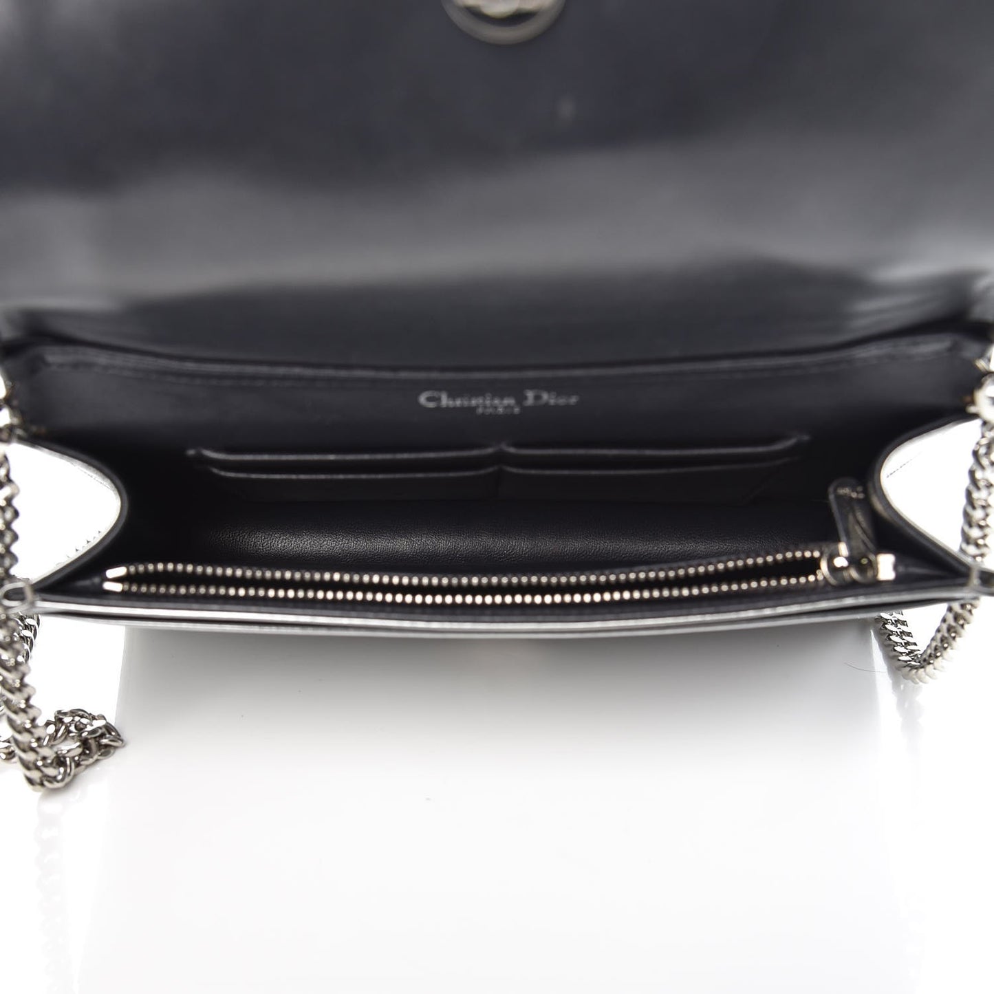 Metallic Patent Micro-Cannage Diorama Wallet on Chain Pouch Silver