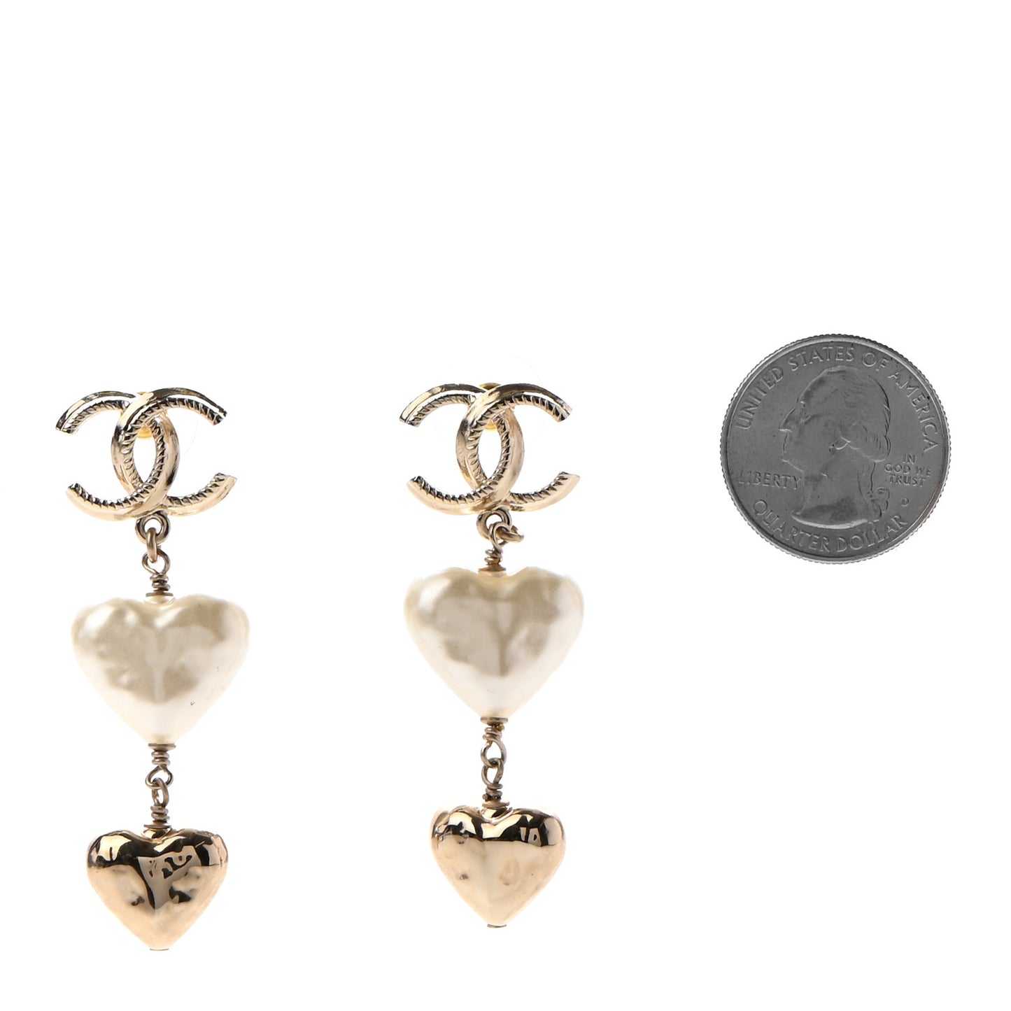 Pearl CC Double Heart Drop Earrings Gold