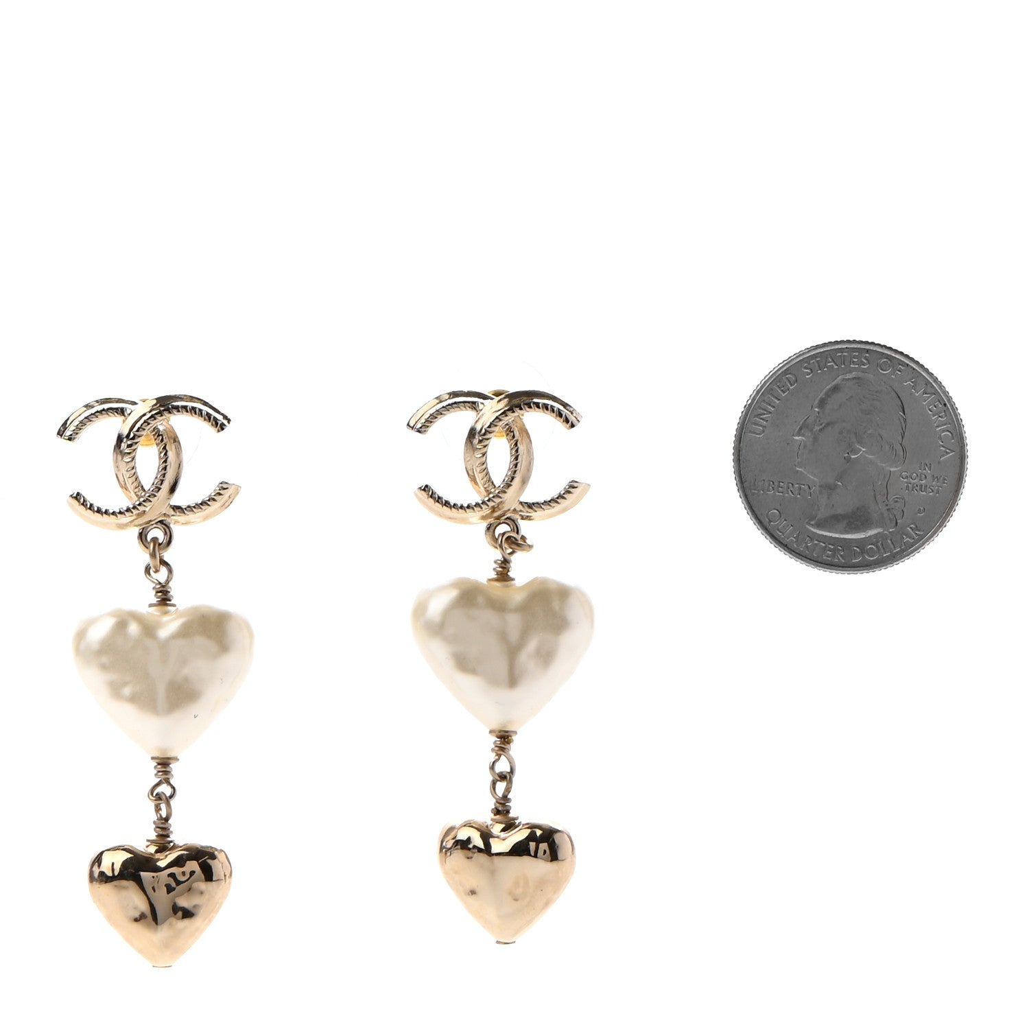 Chanel Pearl CC Double Heart Drop Earrings Gold 2 of 4