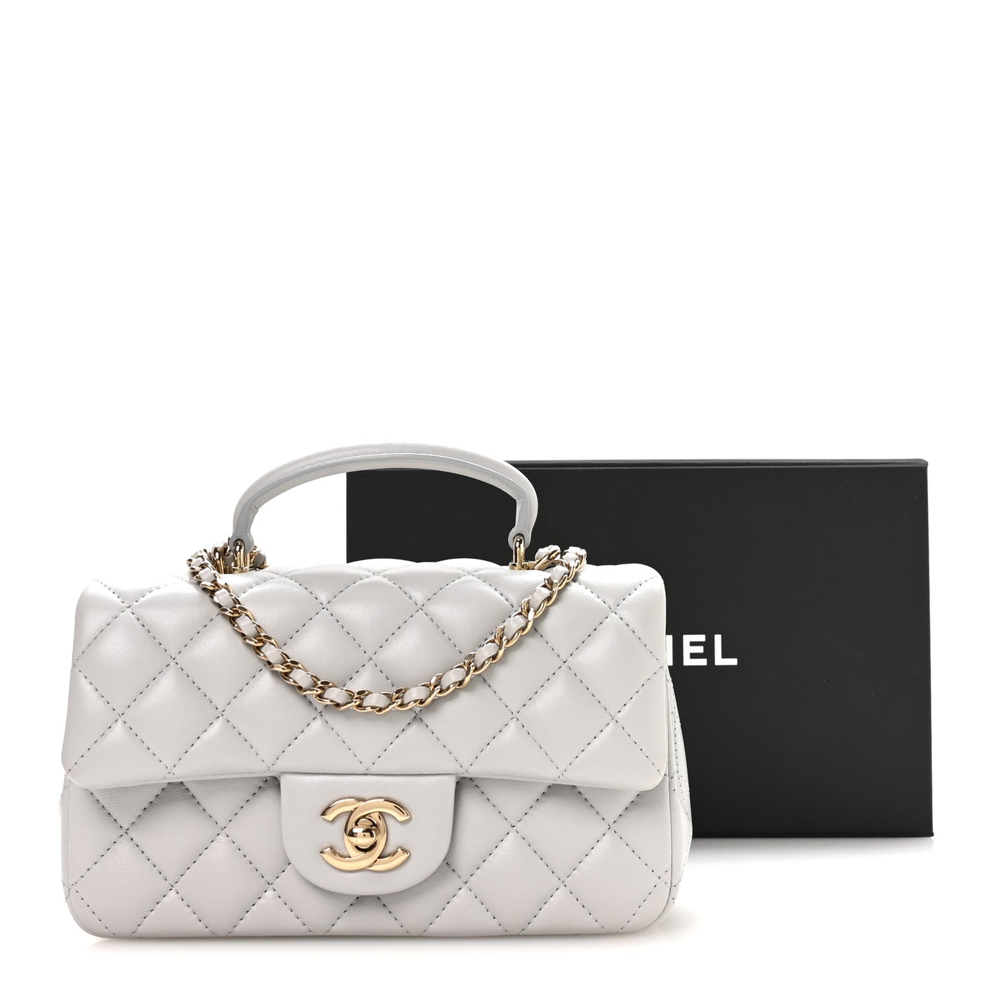Lambskin Quilted Mini Top Handle Rectangular Flap Grey