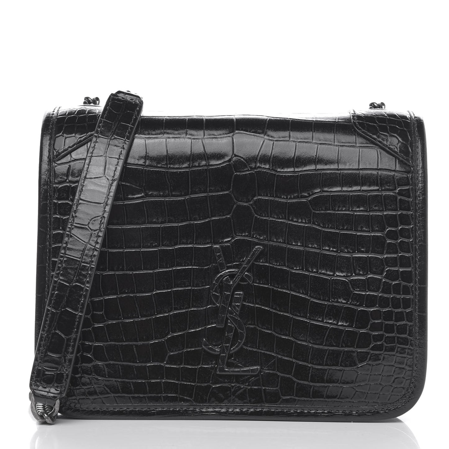 Crocodile Embossed Lambskin Matelasse Monogram Niki Chain Wallet Black