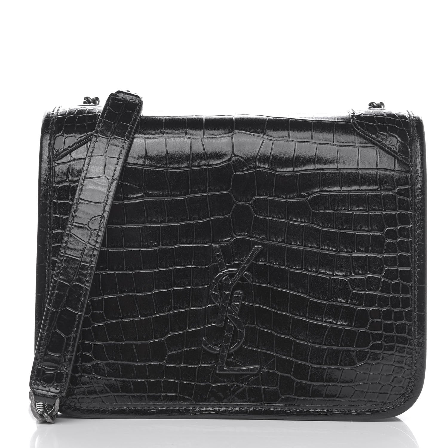 Saint Laurent Crocodile Embossed Lambskin Matelasse Monogram Niki Chain Wallet Black 1 of 9
