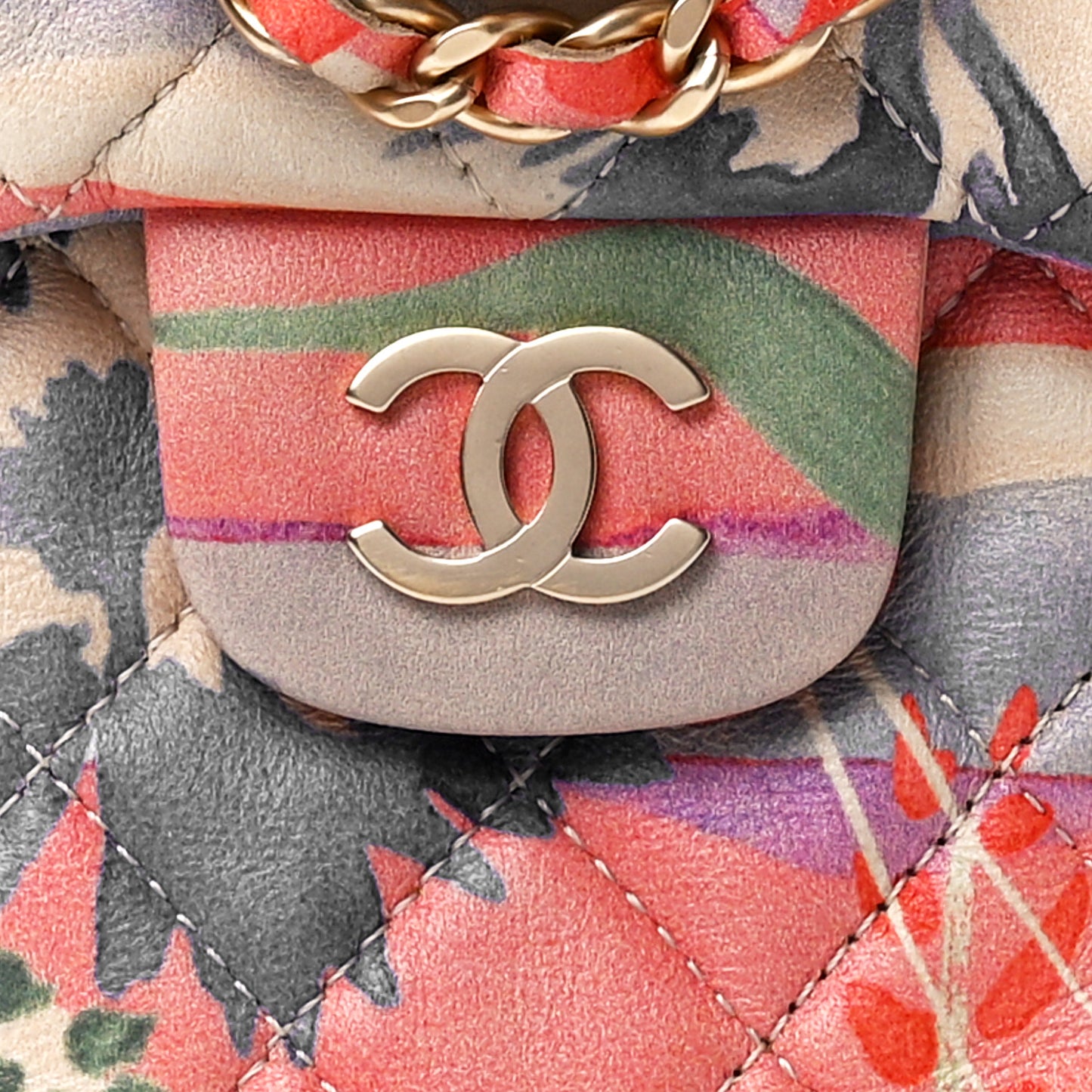 Lambskin Floral Printed Quilted Phone Holder Multicolor