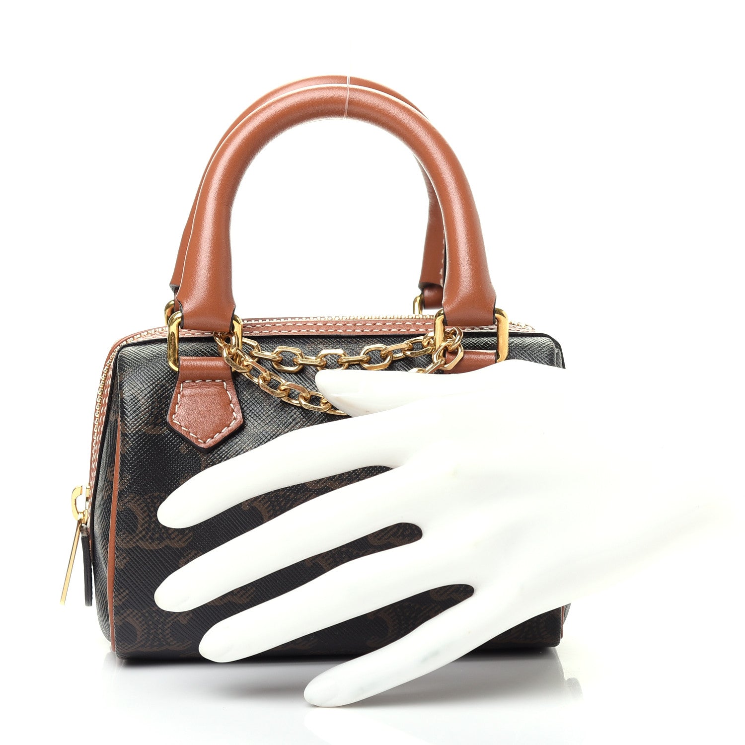 Celine Triomphe Canvas Calfskin Mini Boston Bag Tan 2 of 9