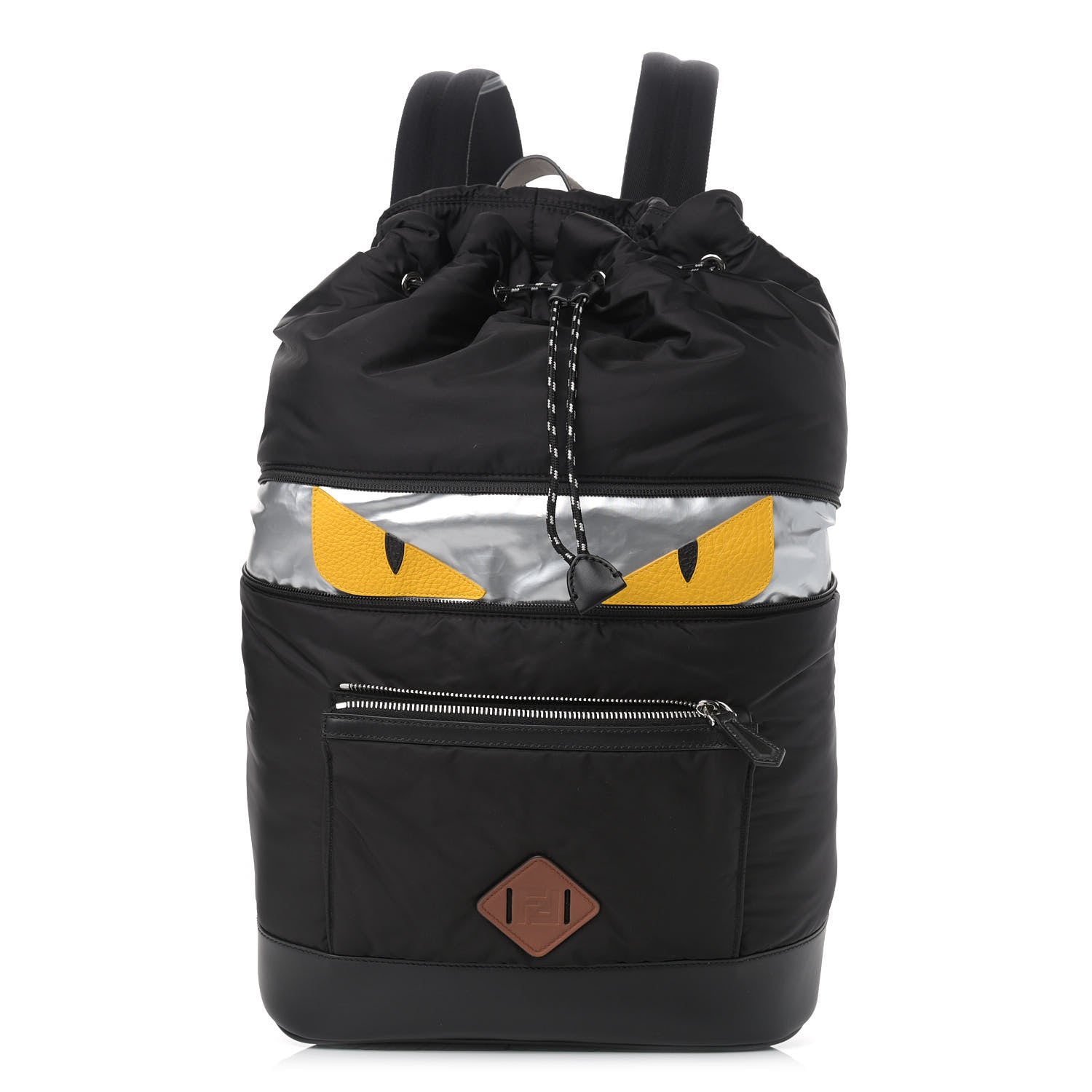 Fendi Nylon Cuoio Romano Monster Eyes Expandable Drawstring Backpack Black Argento Sunflower 1 of 9