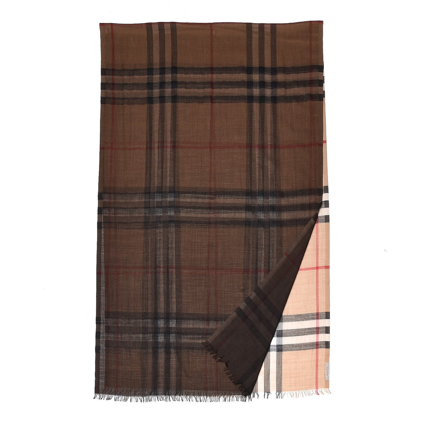 Wool Silk Gauze Ombre Giant Check Scarf Camel
