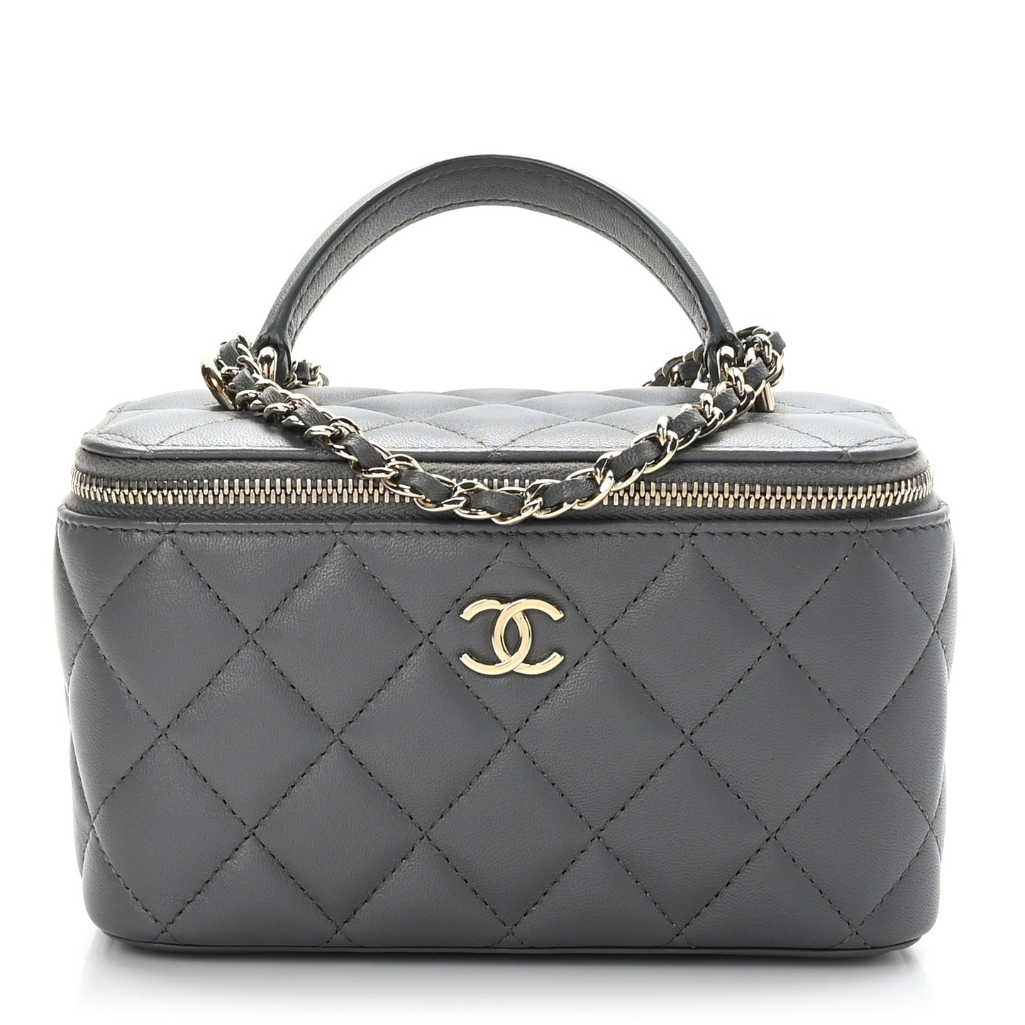Lambskin Quilted Small Top Handle Vanity Case With Chain Dark Grey