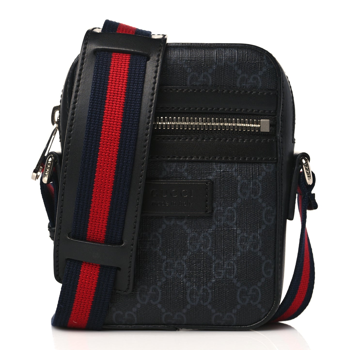 GG Supreme Monogram Appia Calfskin Web Small Camera Messenger Bag Black Grey