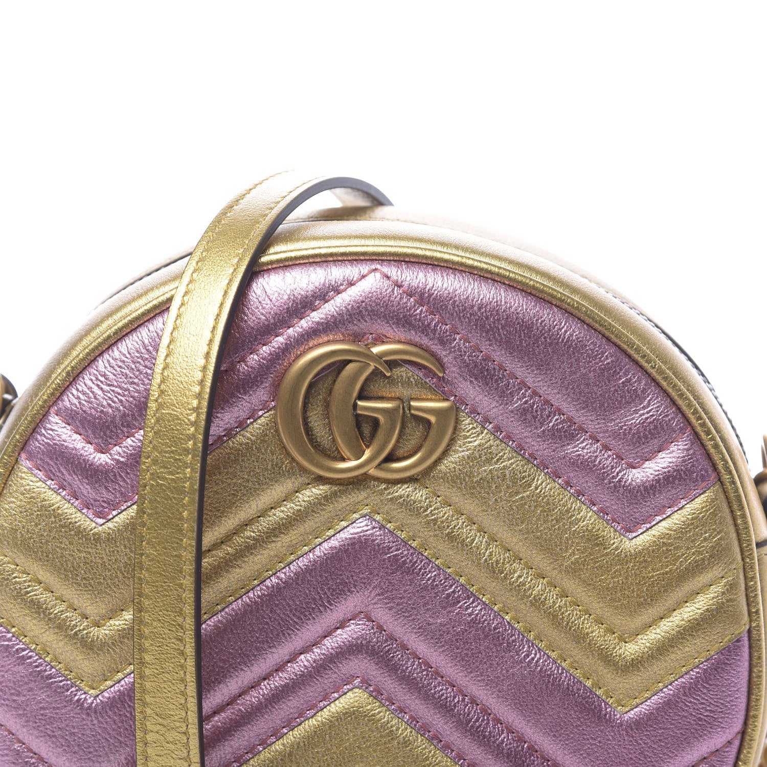 Gucci Metallic Calfskin Matelasse Mini GG Marmont Round Shoulder Bag Gold Pink 10 of 10