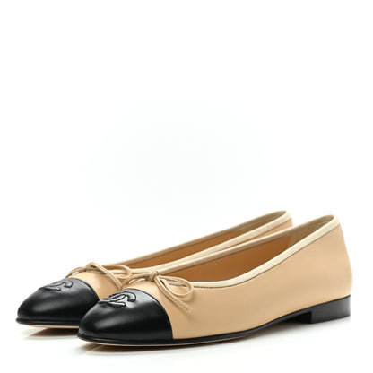 Chanel Lambskin Cap Toe Ballerina Flats 37 Beige Black 3 of 9