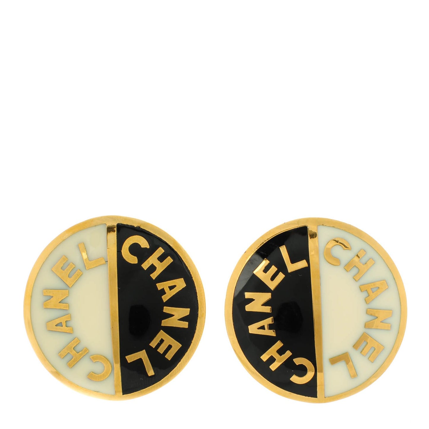 Enamel Logo Clip On Disc Earrings Black Gold