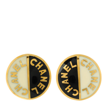 Chanel Enamel Logo Clip On Disc Earrings Black Gold 1 of 6