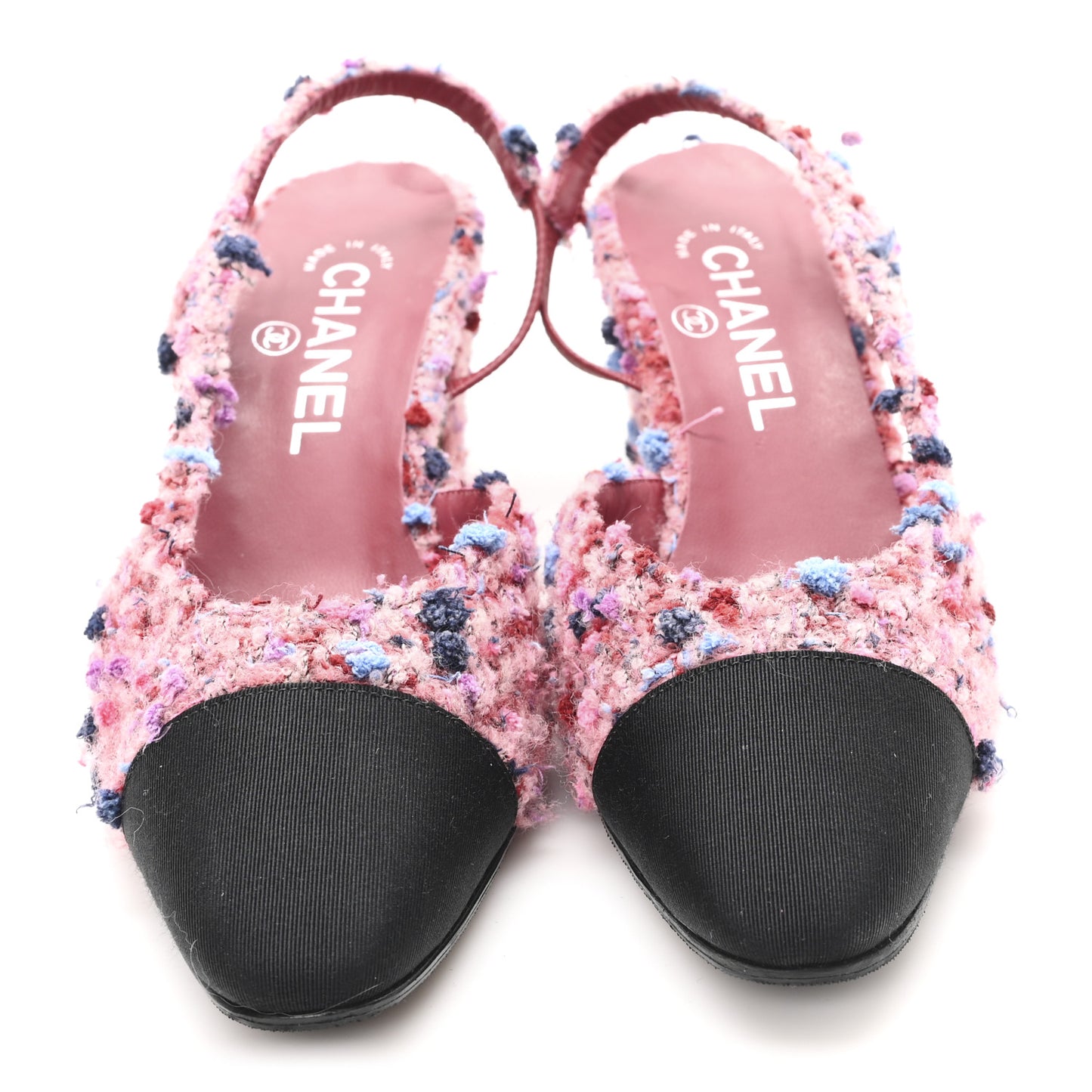 Tweed Grosgrain Cap Toe CC Slingback Pumps 36.5 Pink Black