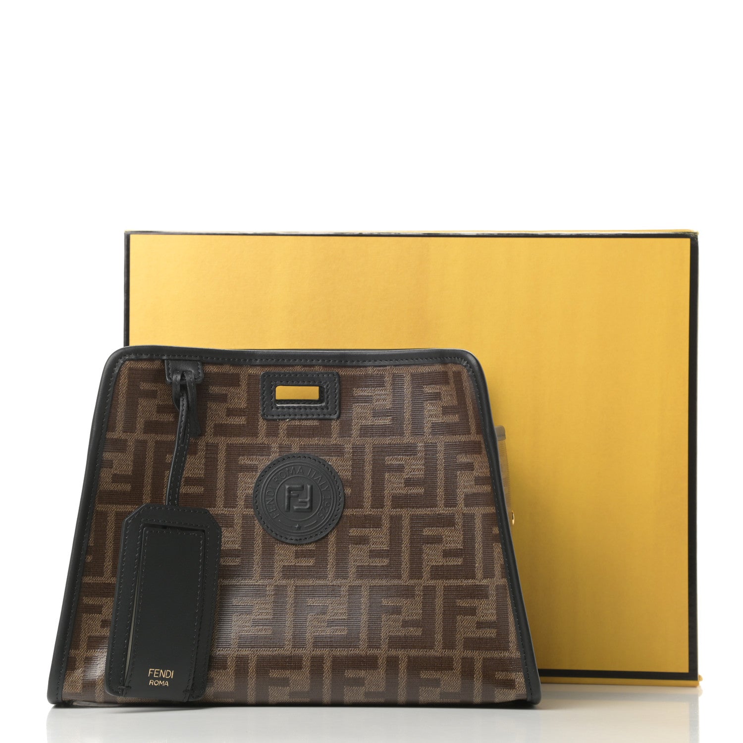 Fendi Glazed Fabric Vitello Century FF 1974 Stamp Patch Mini Peekaboo Defender Cover Mogano Panna Black 9 of 9