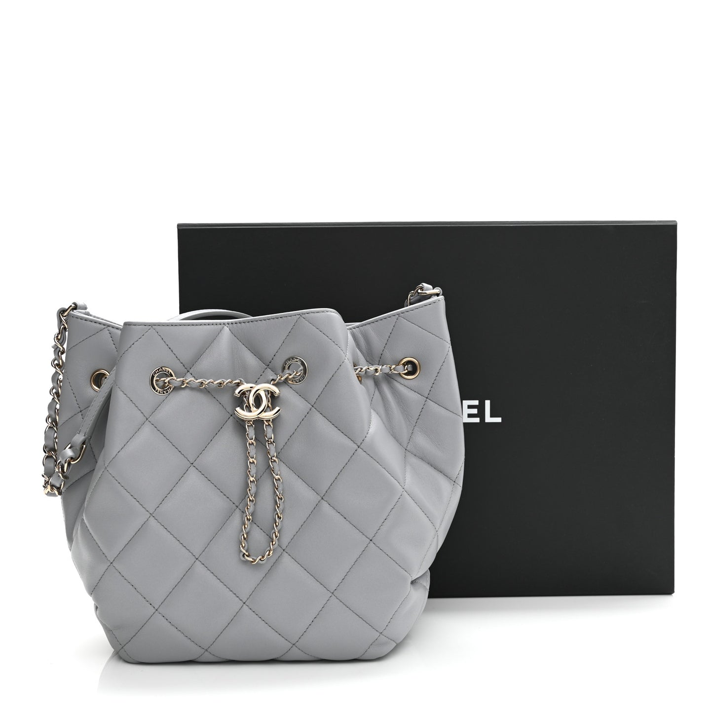 Lambskin Quilted CC Dweller Drawstring Bucket Bag Light Grey
