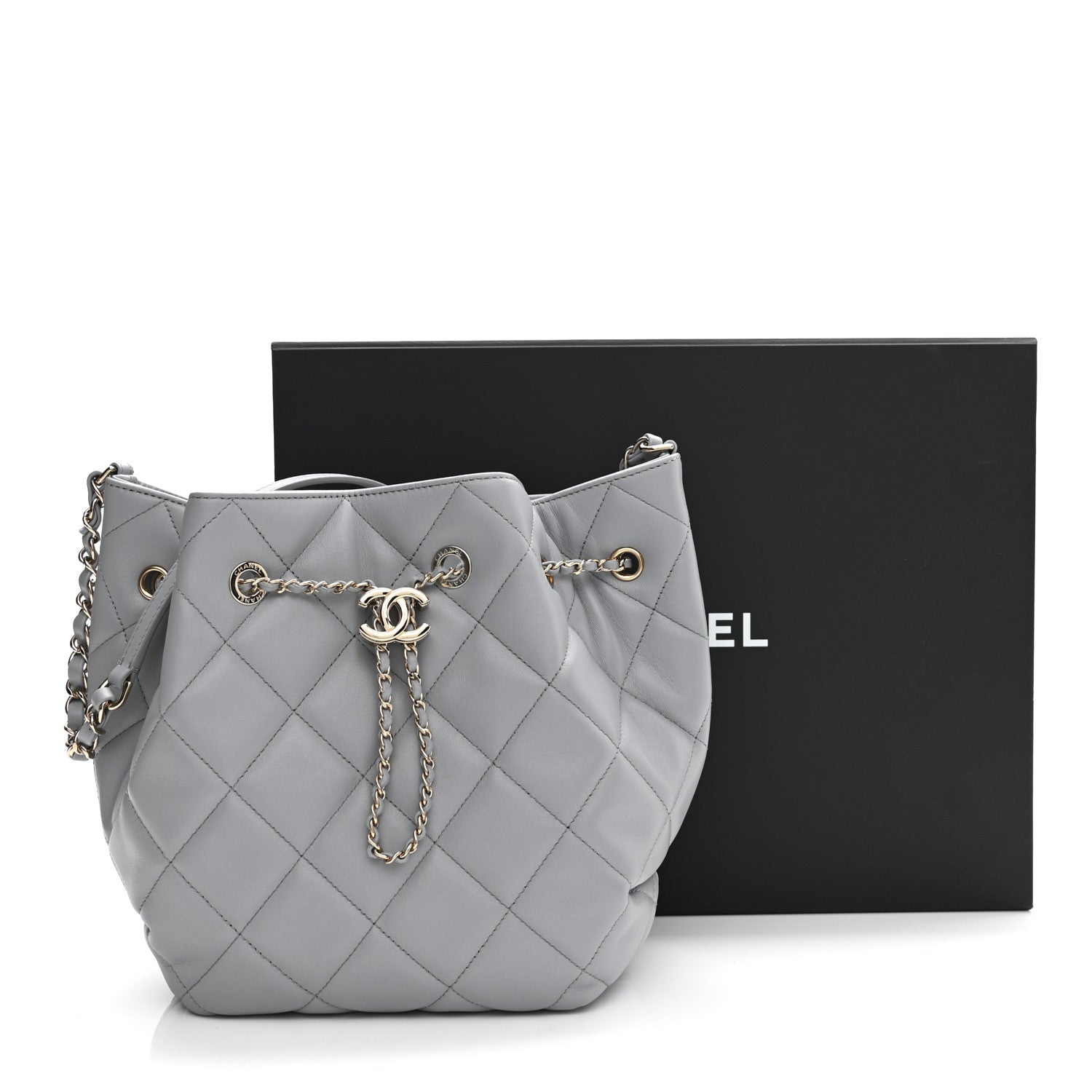 Chanel Lambskin Quilted CC Dweller Drawstring Bucket Bag Light Grey 11 of 11