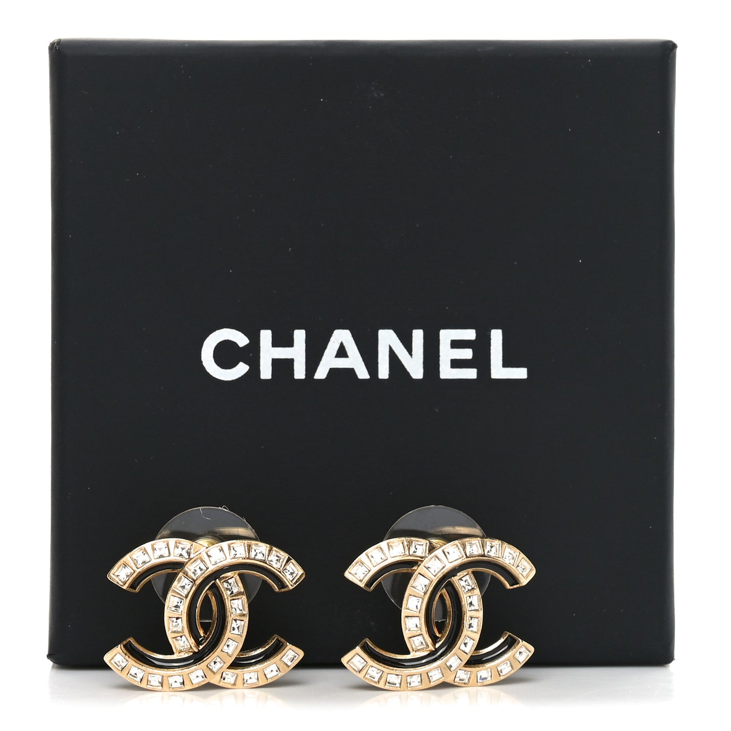 Baguette Crystal Enamel CC Earrings Gold Black