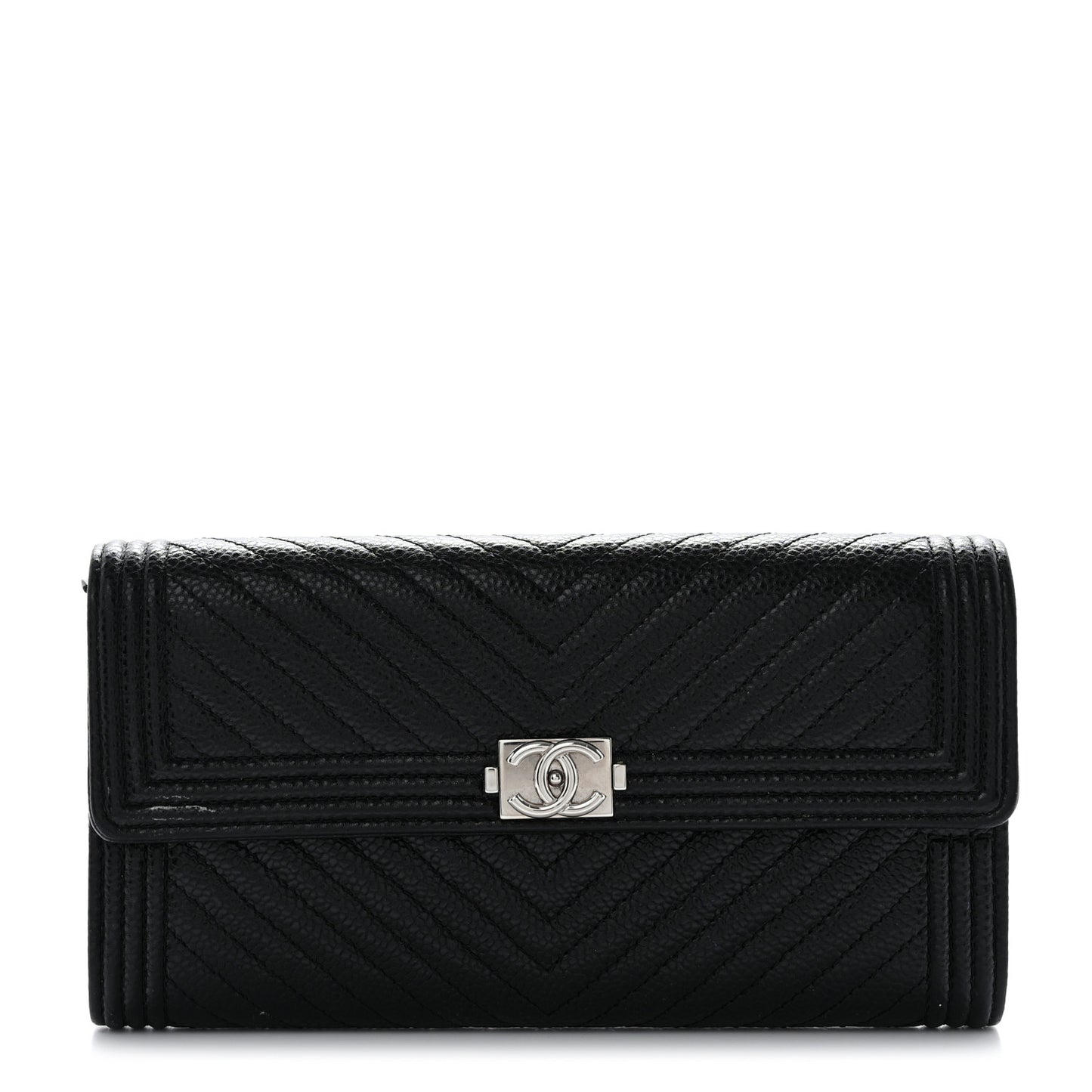 Caviar Chevron Quilted Boy Flap Wallet Black