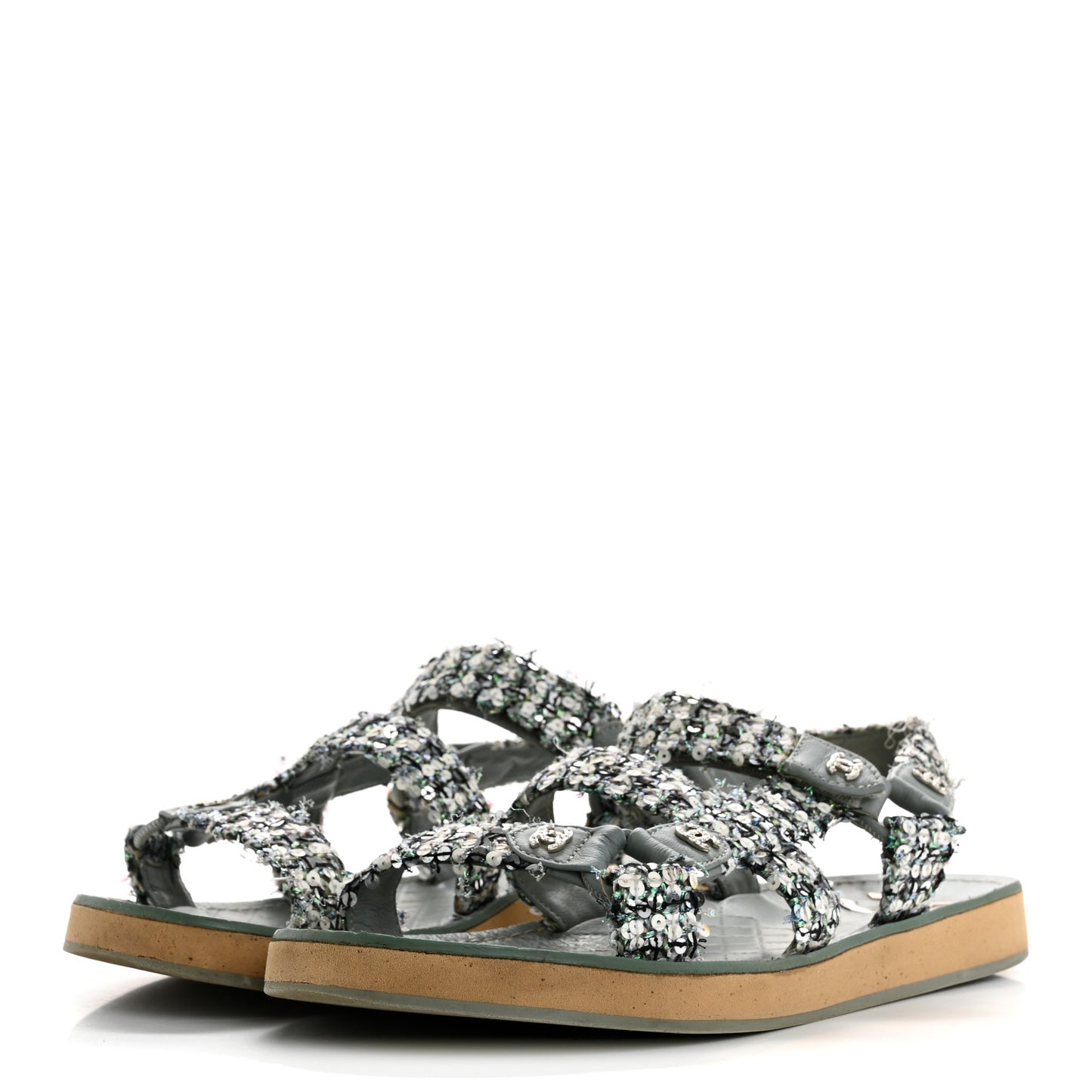 Tweed Sequin Crystal CC Sandals 40 Blue Multicolor