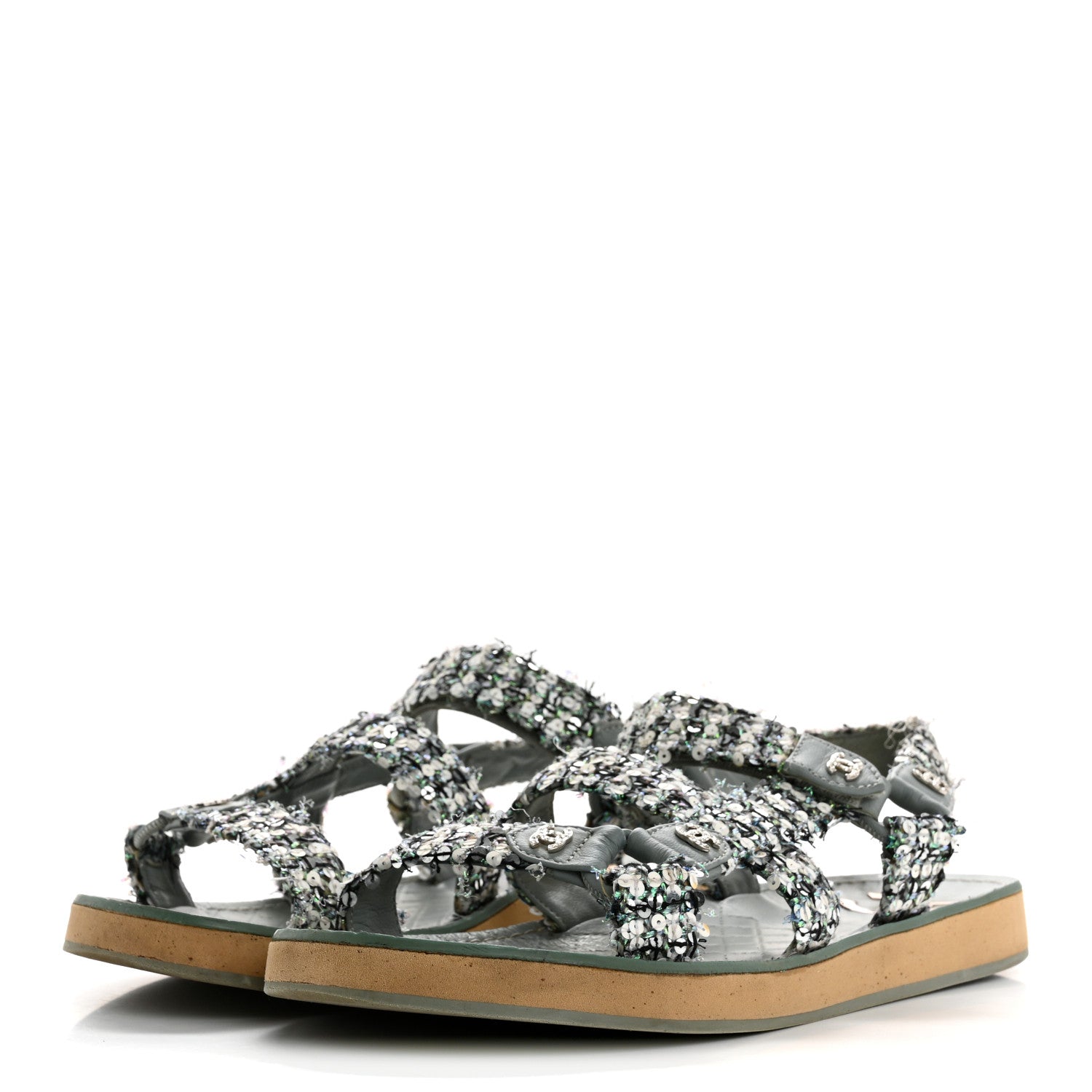 Chanel Tweed Sequin Crystal CC Sandals 40 Blue Multicolor 4 of 12