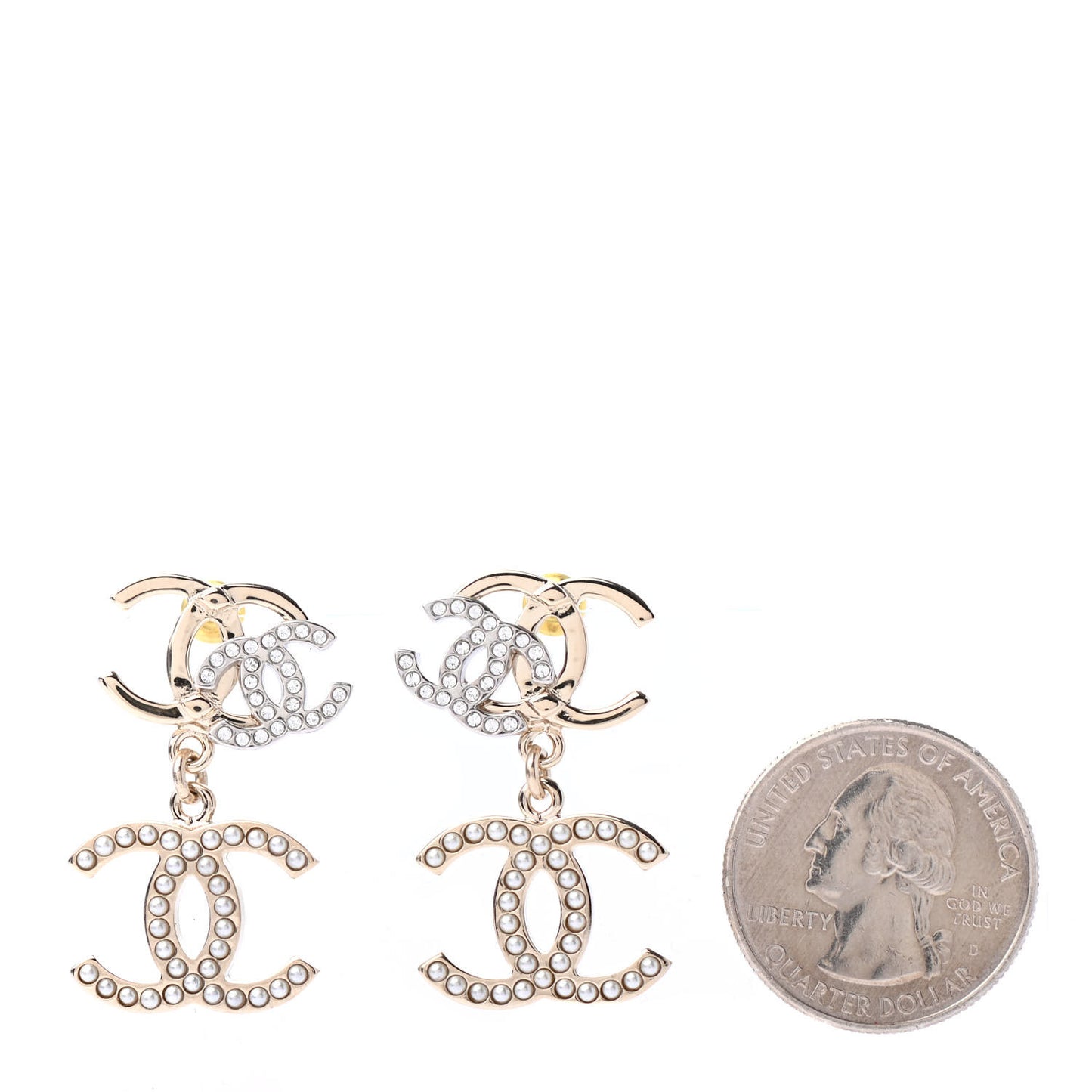 Crystal Pearl Double CC Drop Earrings Gold Silver