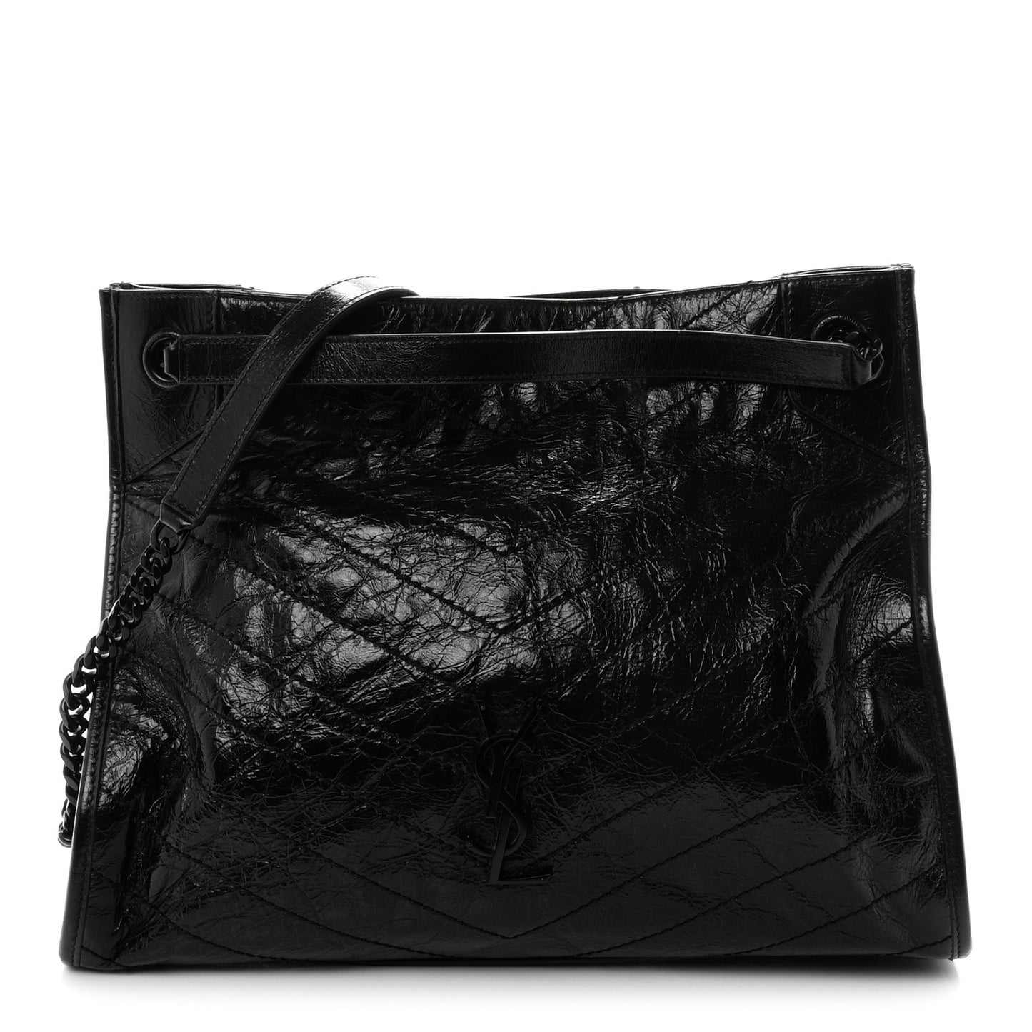 Crinkled Calfskin Matelasse Monogram Medium Niki Shopper Tote Black