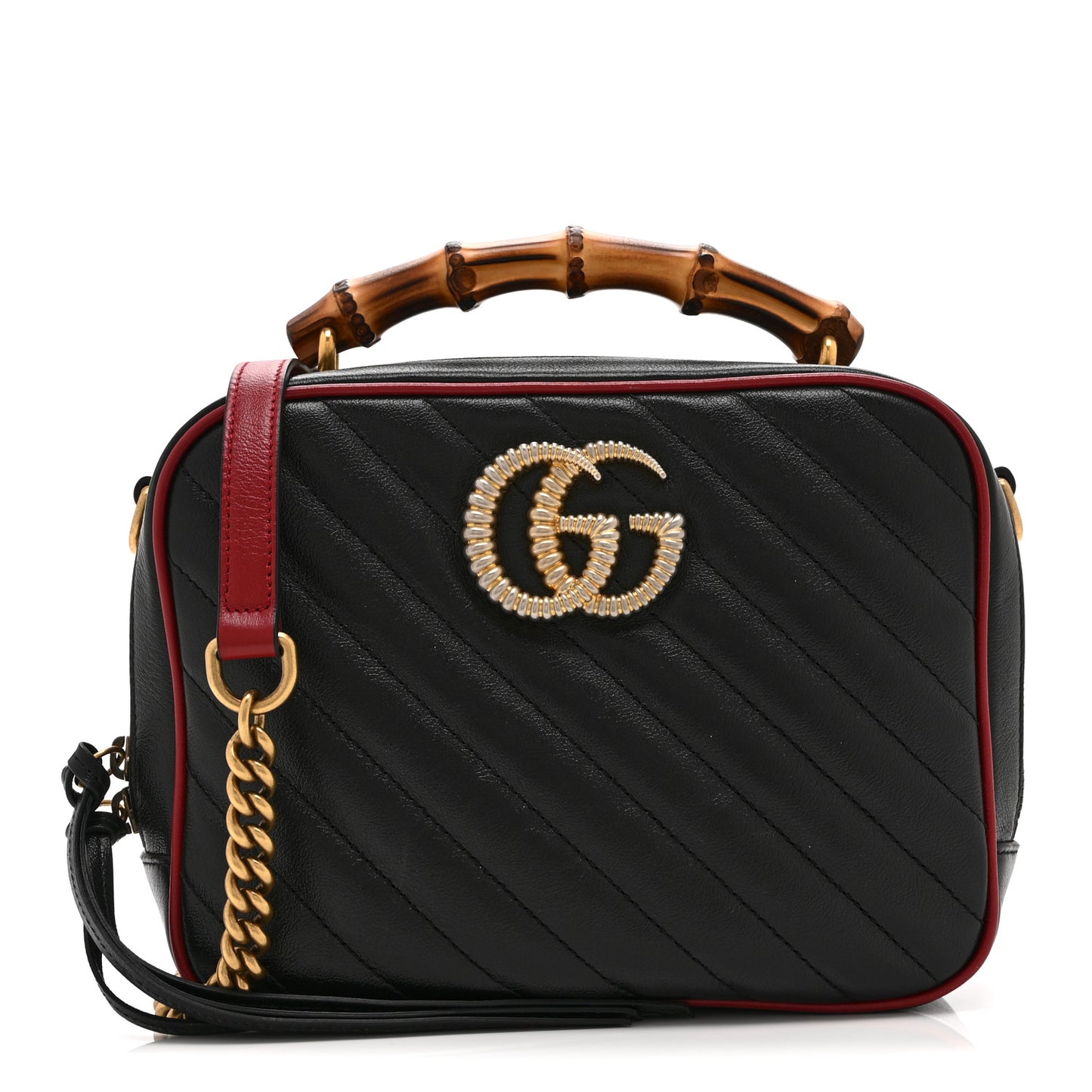Vintage Effect Calfskin Matelasse Diagonal Small Torchon GG Marmont Bamboo Top Handle Shoulder Bag Black Romantic Cherry