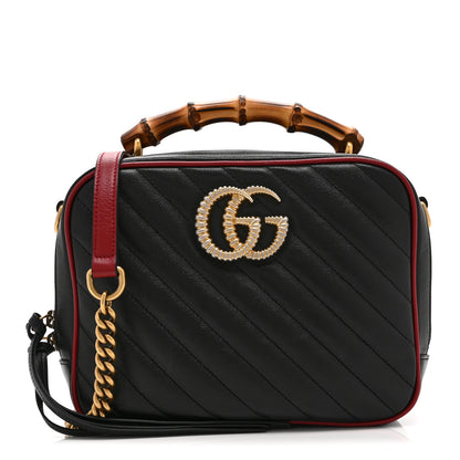 Gucci Vintage Effect Calfskin Matelasse Diagonal Small Torchon GG Marmont Bamboo Top Handle Shoulder Bag Black Romantic Cherry 1 of 11