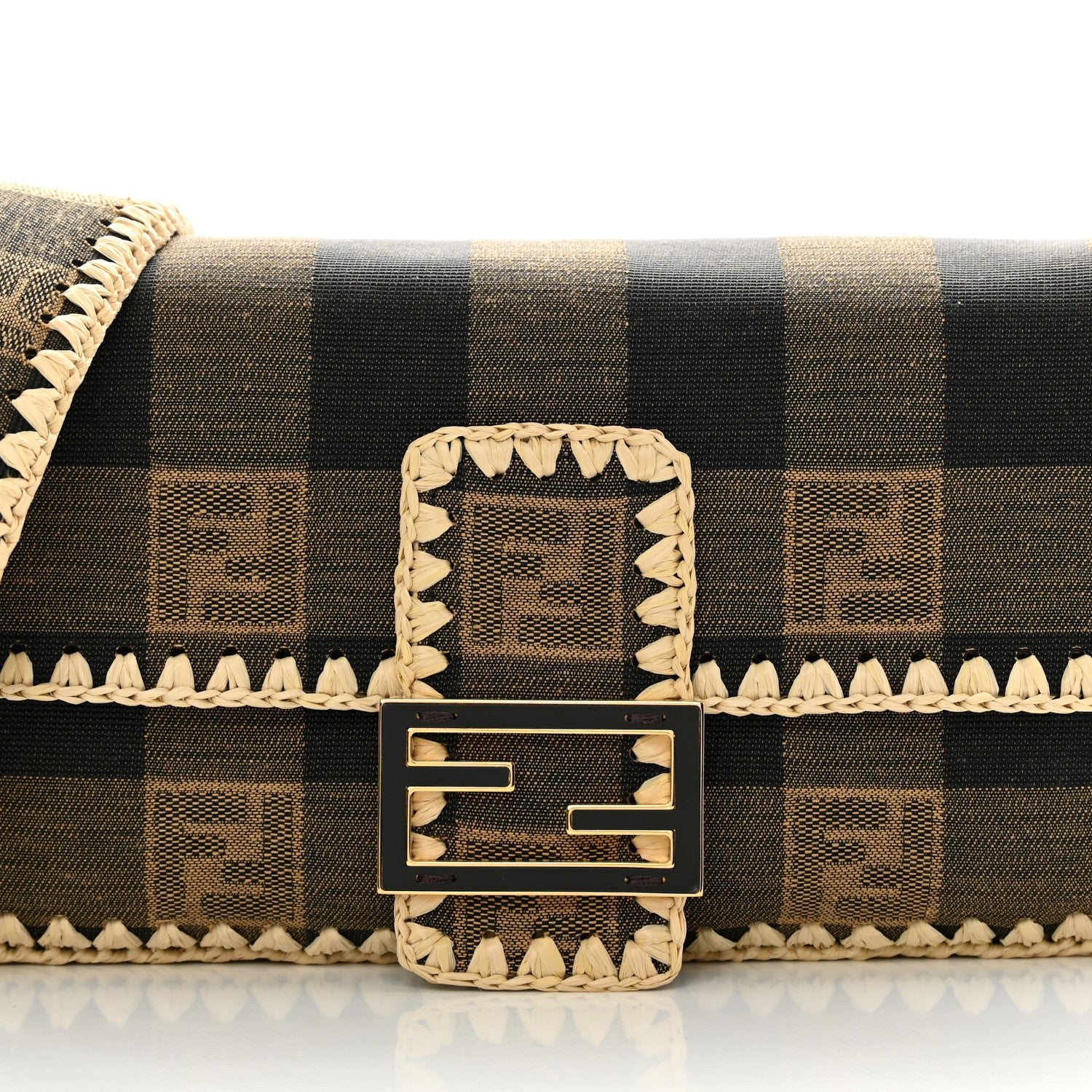 Fendi Fabric Jacquard Raffia Straw Pequin Gingham Woven Baguette Beige Black Natural 8 of 10