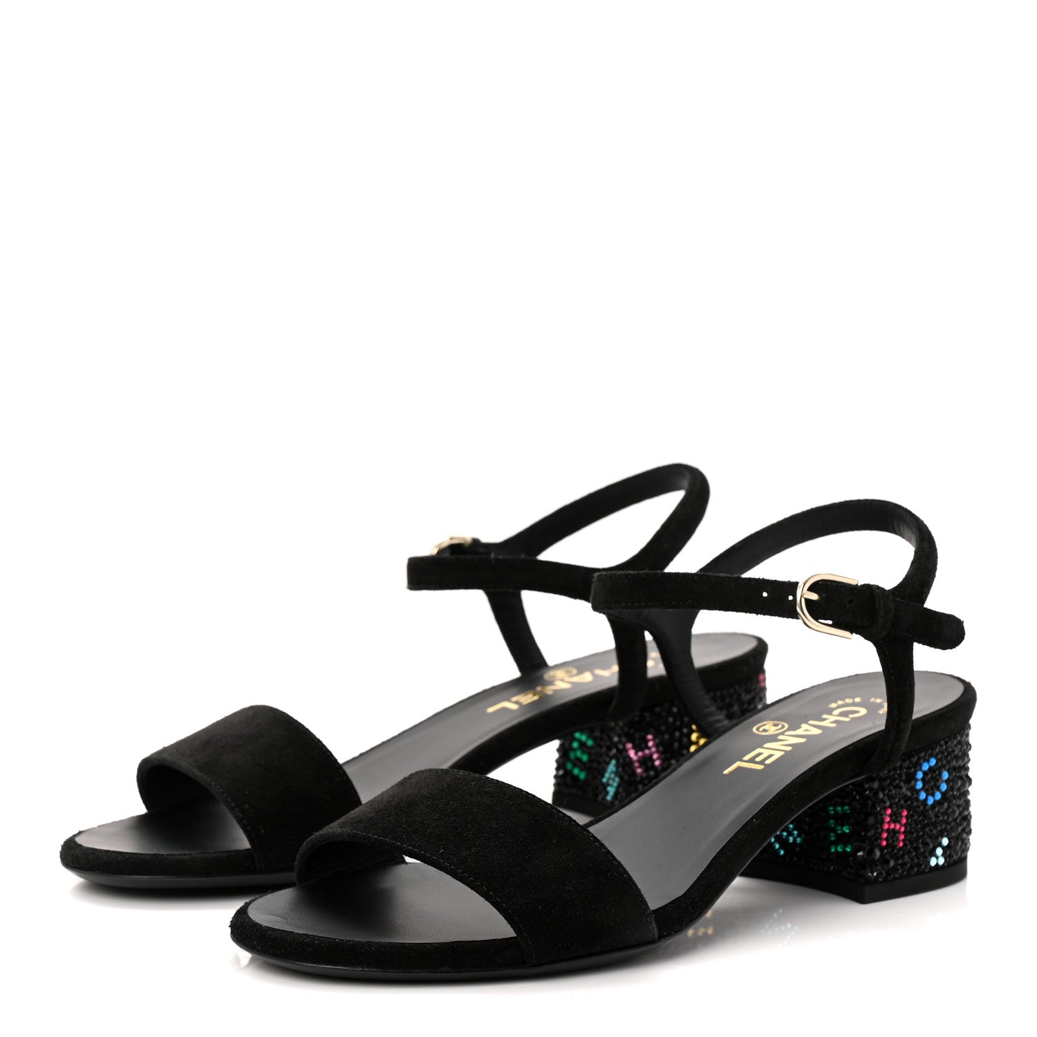 Chanel Suede Strass Ankle Strap Sandals 37.5 Black Multicolor 3 of 10