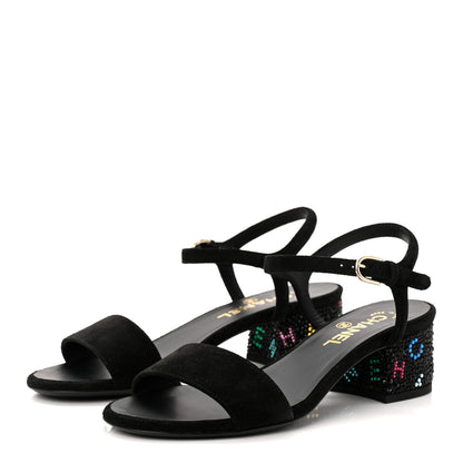 Chanel Suede Strass Ankle Strap Sandals 37.5 Black Multicolor 3 of 10