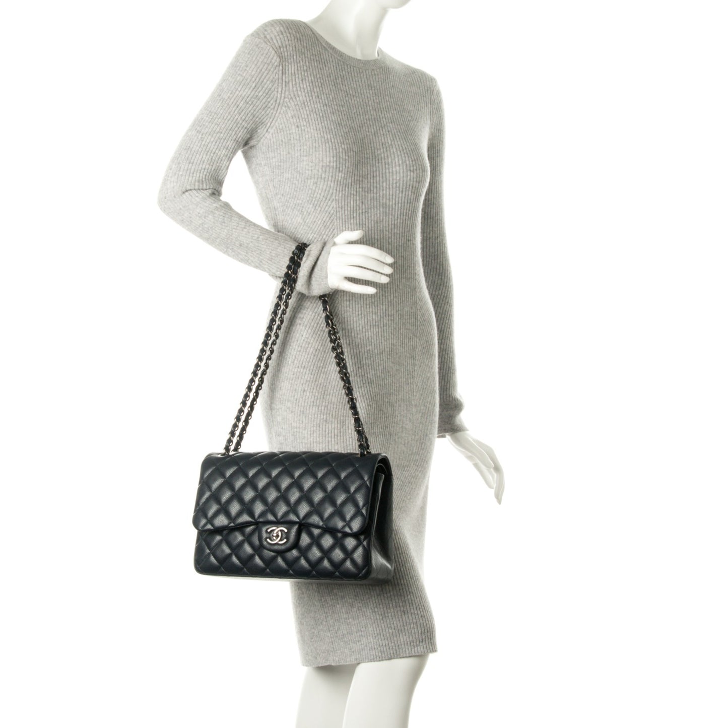 Caviar Quilted Jumbo Double Flap Navy Blue