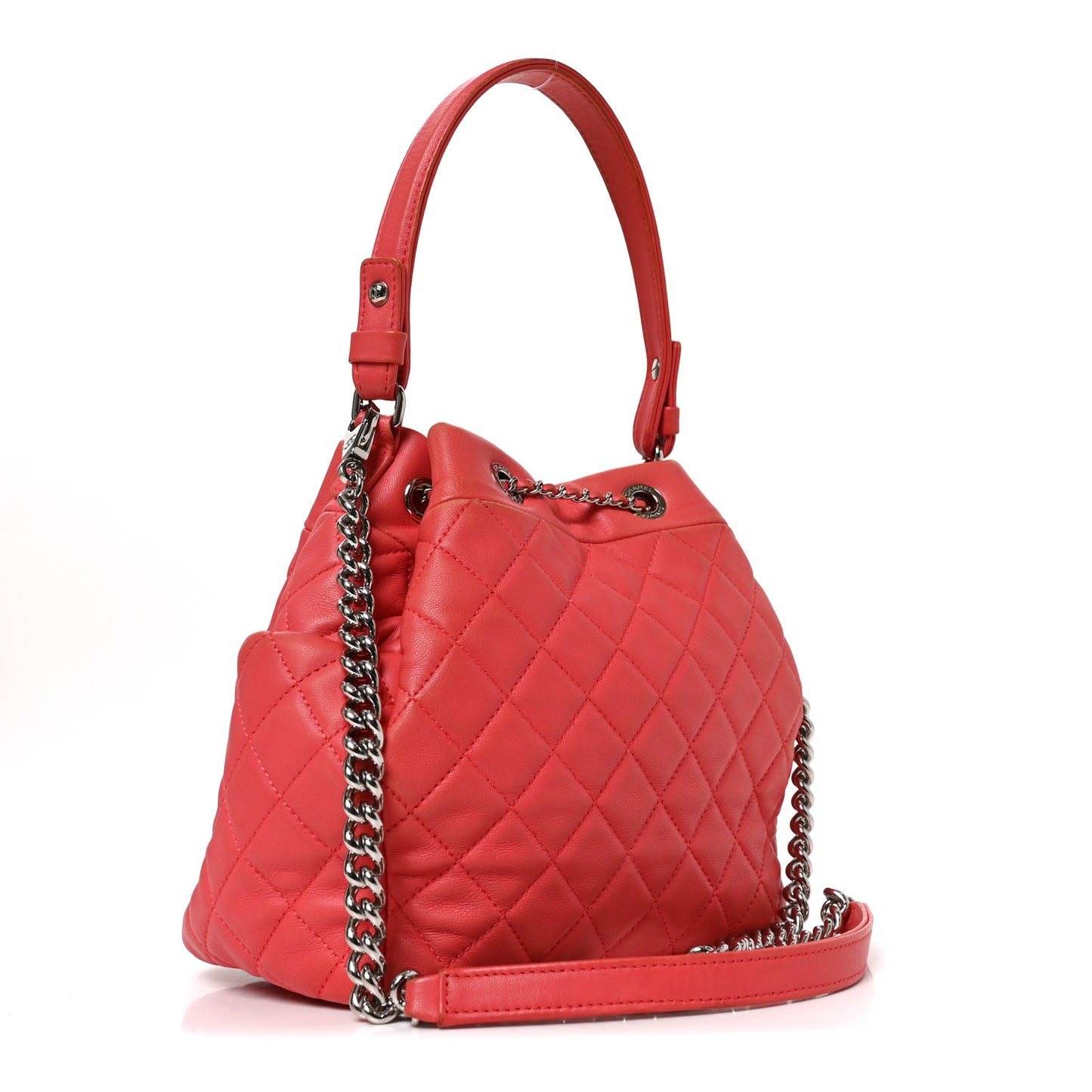 Lambskin Quilted Small CC Chain Drawstring Bucket Bag Red