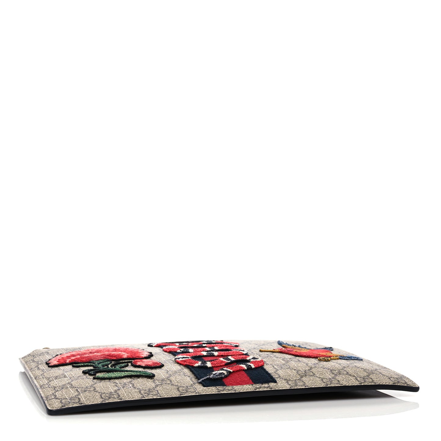 GG Supreme Monogram Web Kingsnake Embroidered Large Zip Pouch Brown