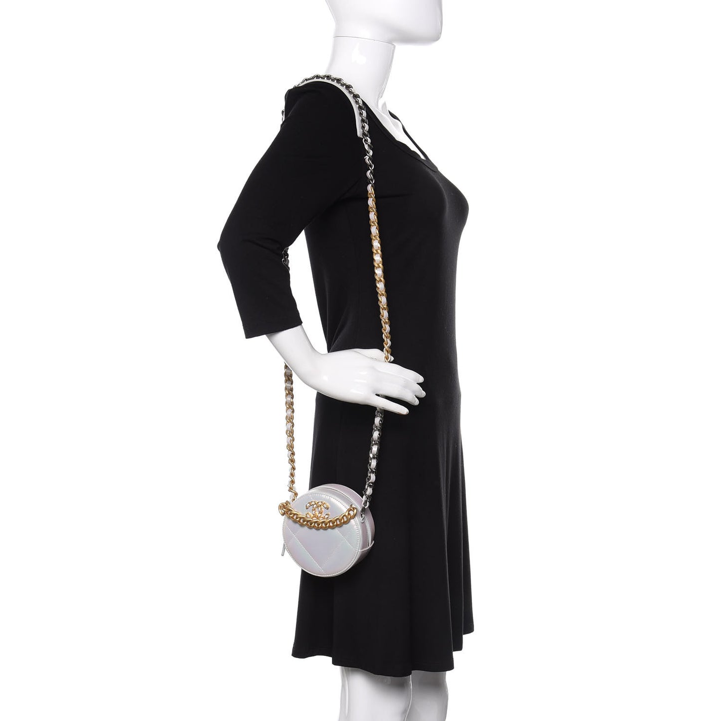 Iridescent Calfskin Quilted 19 Round Clutch With Chain White