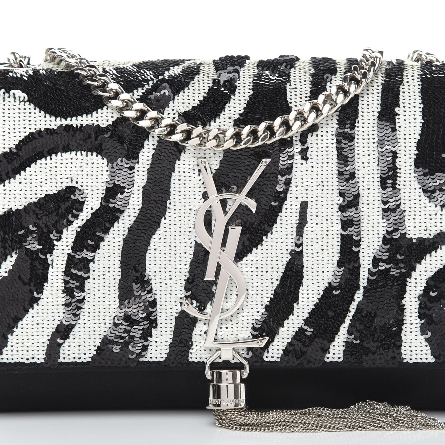 Satin Sequin Zebra Small Monogram Kate Tassel Satchel Black White