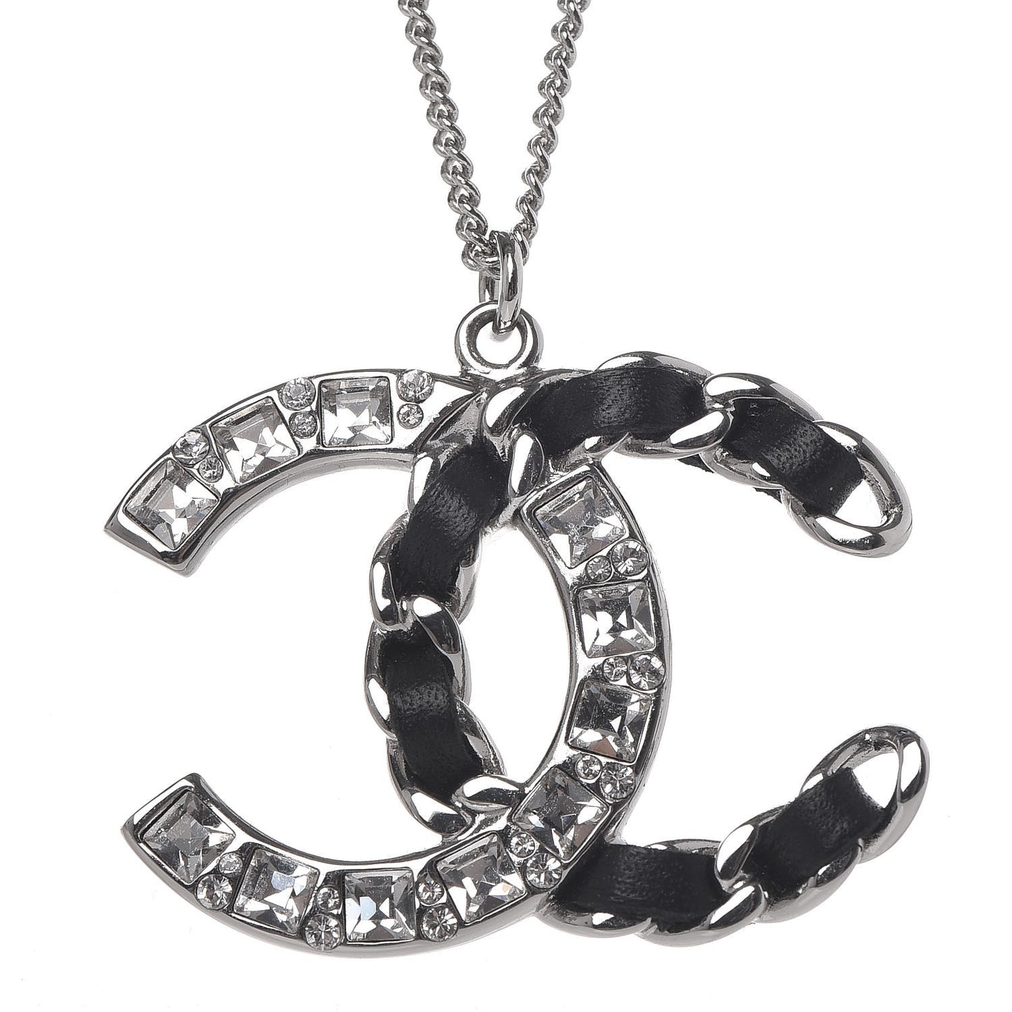 Lambskin Baguette Crystal CC Necklace Black Silver