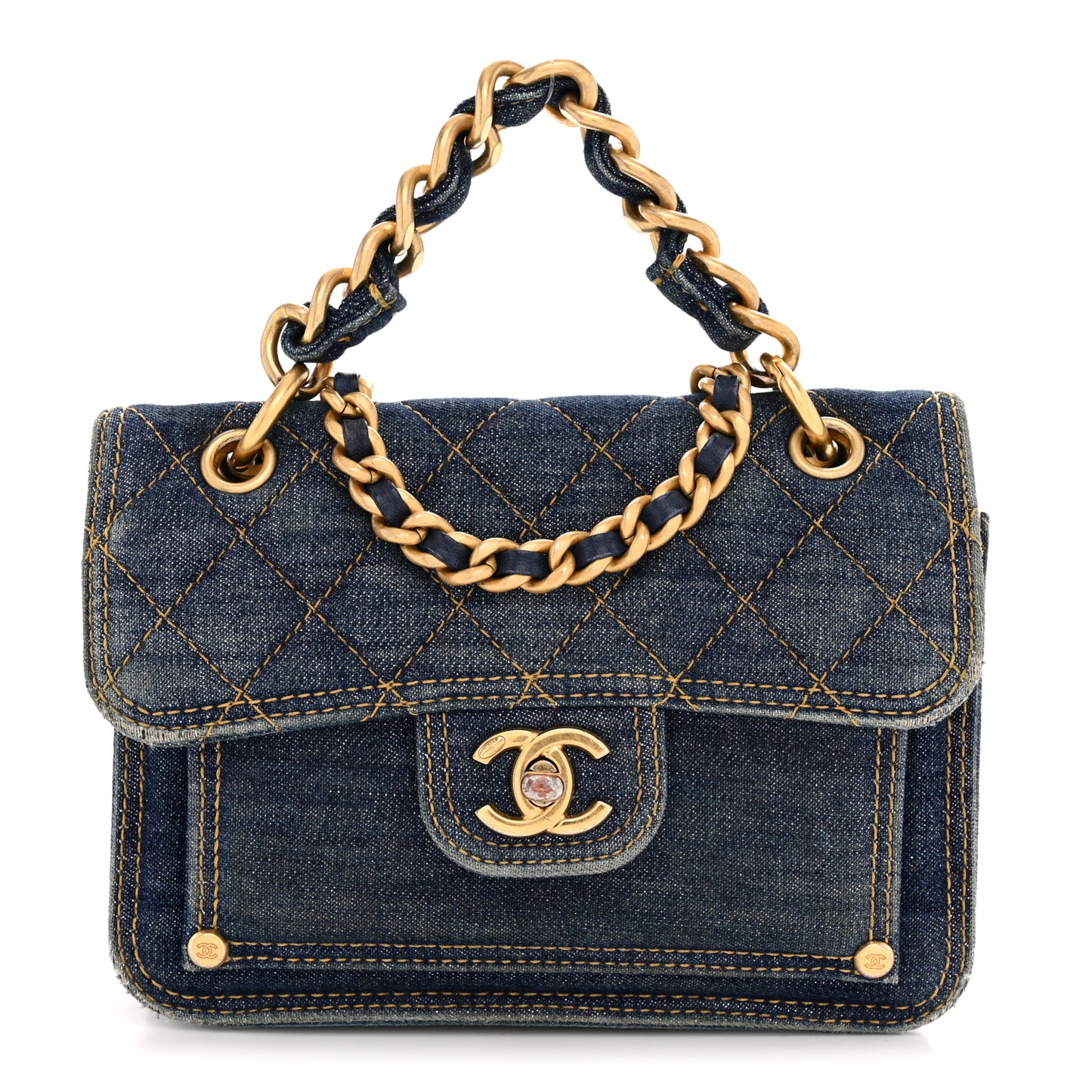Denim Quilted Double You Mini Flap Blue Golden
