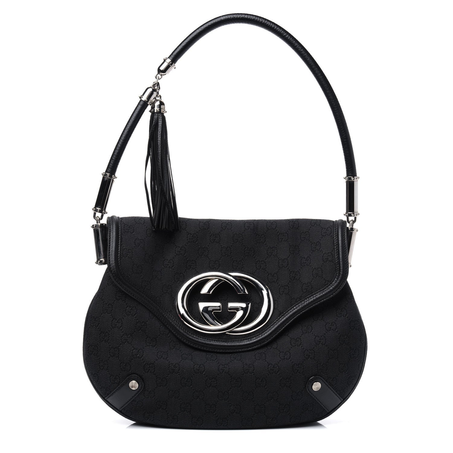 Gucci Denim Monogram Britt Tassel Shoulder Bag Black 1 of 17