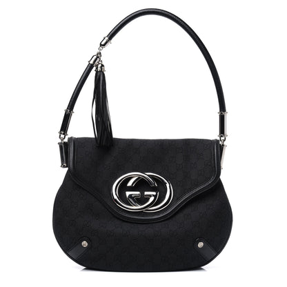 Gucci Denim Monogram Britt Tassel Shoulder Bag Black 1 of 17