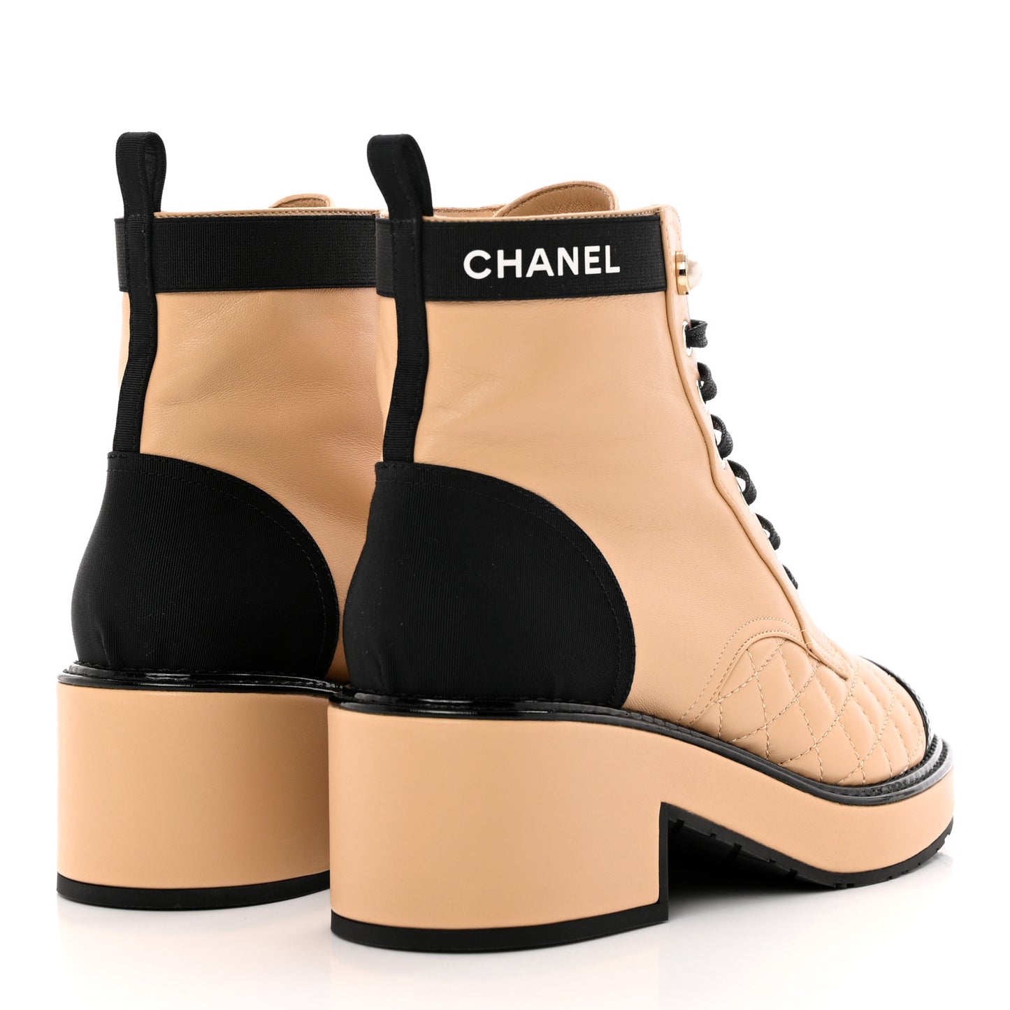 Calfskin Patent Calfskin Quilted Lace Up Boots 37 Beige Black