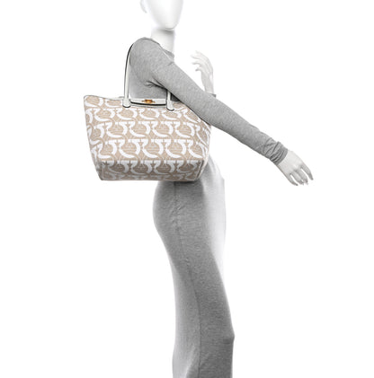 Salvatore Ferragamo Canvas Calfskin Gancini Tote White Beige 2 of 12