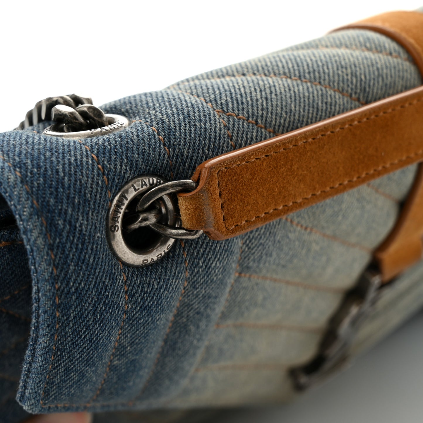 Denim Mixed Matelasse Triquilt Medium Monogram Envelope Satchel Blue